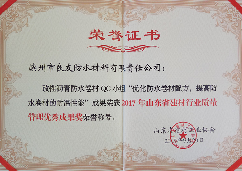 山東省建材行業質量管理優秀成果獎